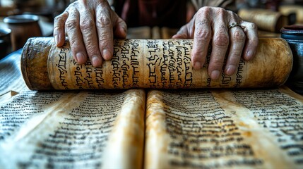 Wrinkled hands gently hold ancient scroll while examining its faded text in cozy softly lit environment. surroundings evoke sense of history and reverence for written word.