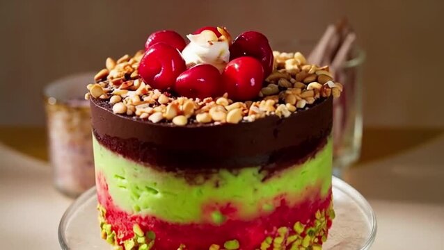 Colorful slice of traditional spumoni ice cream with cherries and nuts on a vintage plate