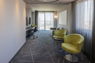 Modern hotel room work desk area