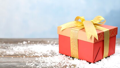 Gift box with gold ribbon on a wooden surface with snow.