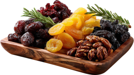 Cranberries dried fruits apricots mangoes figs nuts and prunes on a wooden tray with a green branch isolated on a white background