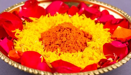 An extreme macro view of a vibrant Indian rangoli, an intricate floor art design created with colorful flower petals and powders for a festive occasion like Diwali.