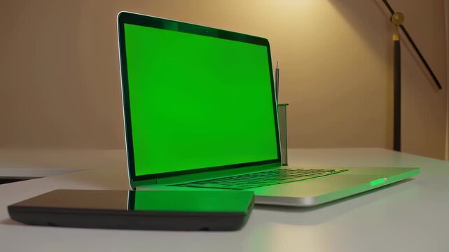 Laptop with Green Screen Display on White Desk Under Warm Lighting with Mobile Phone and Modern Aesthetic Composition for Adobe Stock Photo
