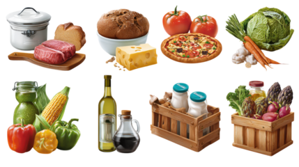 Different food and grocery items grouped by categories are isolated on a white background