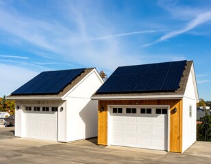 Two white garages with solar panels