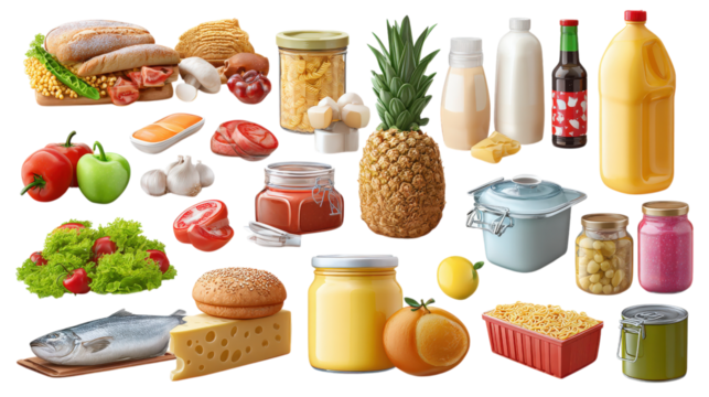 Different food and grocery items grouped by categories are isolated on a white background