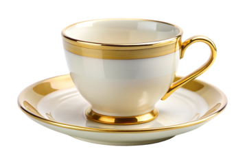 Gold and white tea cup with a gold handle sits on a white saucer isolated on white background PNG,AI GENERATED