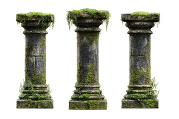 Three weathered stone pillars, overgrown with moss (1)
