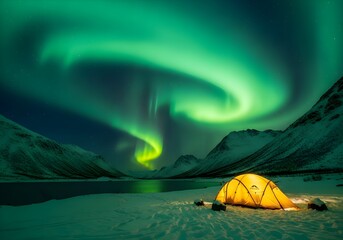Illuminated tent under swirling green aurora borealis in snowy landscape