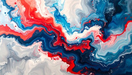 A vibrant abstract painting features swirling patterns of red, blue, and white colors, creating a dynamic and energetic visual effect.