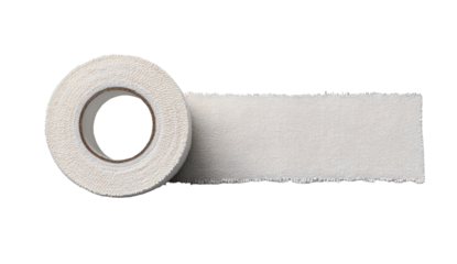 Rolled white adhesive tape, partially unwound.  A  piece of medical or athletic tape is shown in a top-down view, rolled up with a loose end