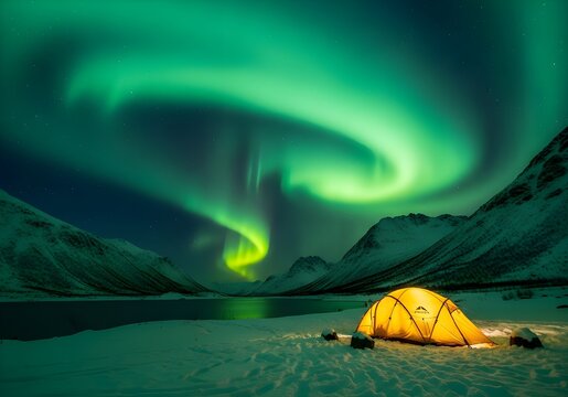 Illuminated tent under swirling green aurora borealis in snowy landscape