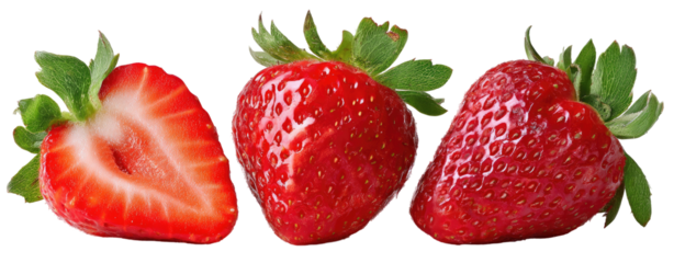 Three vibrant red strawberries, one sliced in half, displayed against a black background