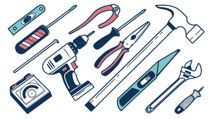 Professional Construction and Electrical Equipment Tools Set Vector Illustration with Drill, Pliers, Screwdrivers, Hammers, Saws, Tape Measure, and Wrench