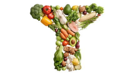 Fresh, nutritious ingredients in the shape of thyroid. Healthy food is a source of vitamins. Problems with thyroid concept isolated on a white background