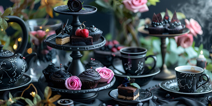 "Vintage Tea Set with Pink Roses, Pastries, and Desserts on Tiered Stands"
