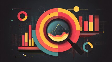 Data analysis visualization with colorful charts and magnifying glass used to explore trends and insights in a digital format for analytical presentations