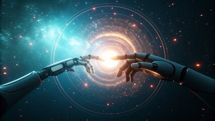 Robotic and human hands reaching out to touch symbolizing the convergence of artificial intelligence and humanity within a cosmic nebula