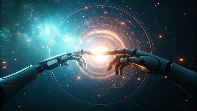 Robotic and human hands reaching out to touch symbolizing the convergence of artificial intelligence and humanity within a cosmic nebula