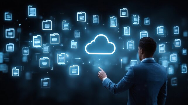 Modern professional interacting with digital cloud storage interface surrounded by floating data files in a high-tech environment