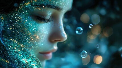 tranquil figure emerges amidst swirl of bubbles and aquatic textures embodying mystical essence. play of light enhances ethereal atmosphere creating dreamlike quality.