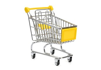 Empty miniature shopping cart with yellow accents on white background