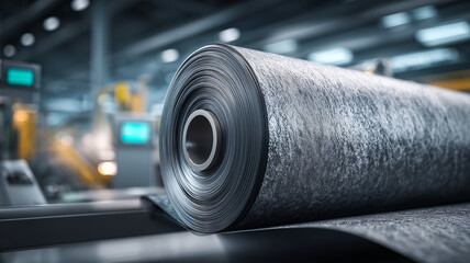 Massive roll of textured industrial fabric feeding across machinery under bright lights, expressing durability and continuous manufacture.
