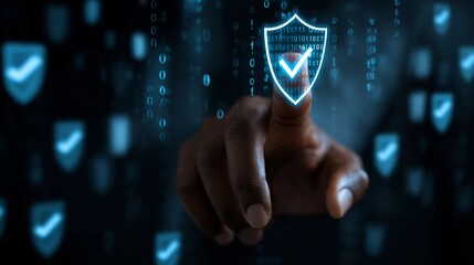 Hand pressing a virtual shield icon with binary data in the background, representing cybersecurity and digital protection in a technological setting