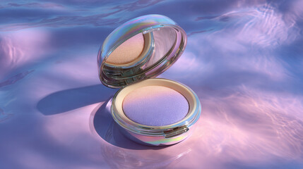 Iridescent compact powder case on shimmering lilac water background, glossy beauty makeup packaging mockup, trendy cosmetic branding, soft glam lighting, copy space


