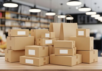Stack of cardboard boxes and paper bags on a wooden table in a store