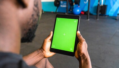 Person holding a tablet computer with a green screen.
