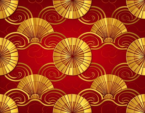 Gold fans on red background