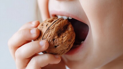 Child joyfully preparing to bite a walnut while smiling with excitement in a bright, cozy indoor setting during daylight