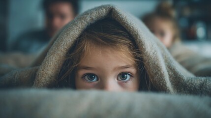 Child peering out from under blanket with wide eyes in cozy indoor setting during family bonding time