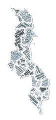 Malawi shape text cloud. Country border with shadow on white background. Malawi with regions division in vintage gazette style. Vibrant vector illustration.