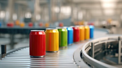 Colorful soda cans on production line