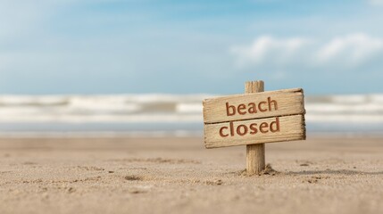 Wooden beach closed sign on sandy shore