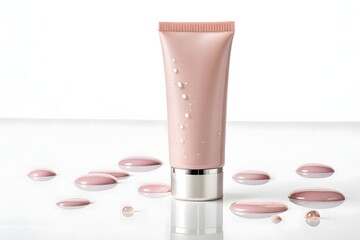 Elegant pink cosmetic tube with scattered pink droplets on a reflective surface