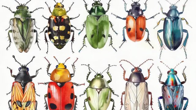A stack of brightly colored insects perched together, showcasing their vibrant hues
