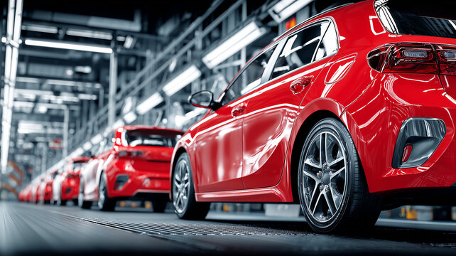 Shiny red sedan aligned on a modern automotive assembly line, reflecting precision engineering and flawless paint quality.
