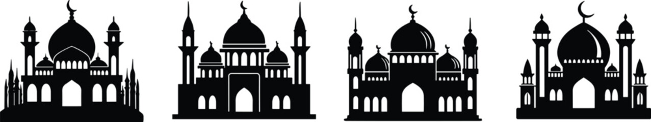 Mosque silhouette collection, Islamic architecture, Ramadan Kareem, Eid Mubarak, religion, Arabic culture, Muslim prayer, holy building, vector, black, illustration, design