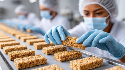 Workers in food factory producing cereal bars