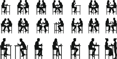 People silhouette drinking coffee, restaurant conversation, couple dating, friends meeting, man woman talking, sitting at table, casual lifestyle, vector illustration