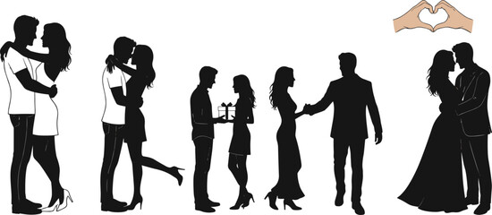 Romantic couple silhouette design, love vector illustration, hugging, kissing, gift exchange, dancing, wedding couple, heart hands, relationship, Valentine artwork
