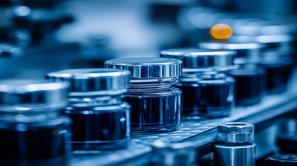 Row of sealed glass jars on a stainless conveyor, conveying food quality, hygiene and consistent packaging at an automated processing line.
