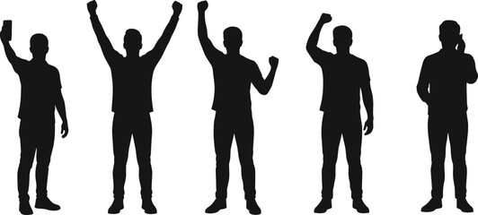 Silhouette men standing with raised hands, cheering, taking selfie, talking on phone, celebration poses, victory success gesture, vector illustration design