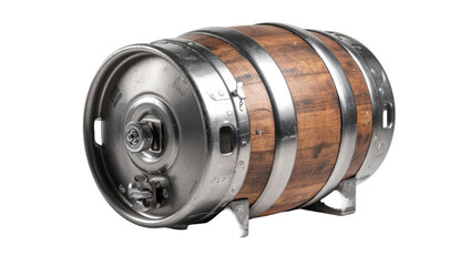 A stainless steel keg with a wooden-look band