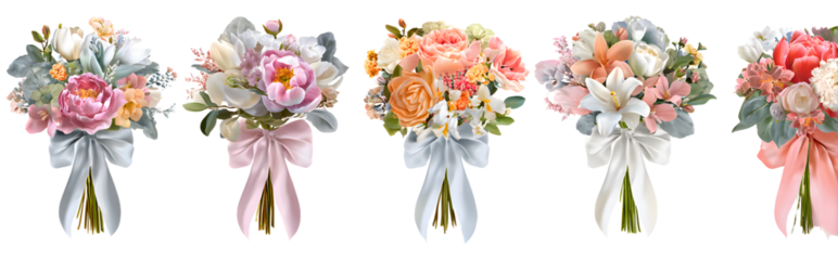 Collection of bridal bouquets with vibrant pastel flowers tied with white satin ribbons isolated on a white or transparent background.