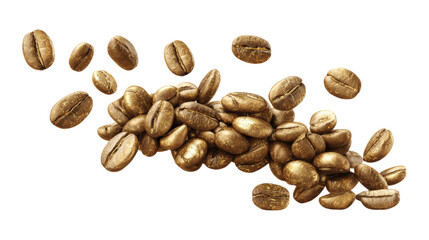 Obraz premium Gold coffee beans falling down isolated on a white background