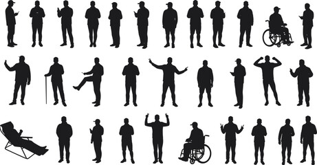 Silhouettes of men standing, walking, sitting, wheelchair user, smartphone, casual poses, business people, communication, lifestyle, leisure, diversity, collection set